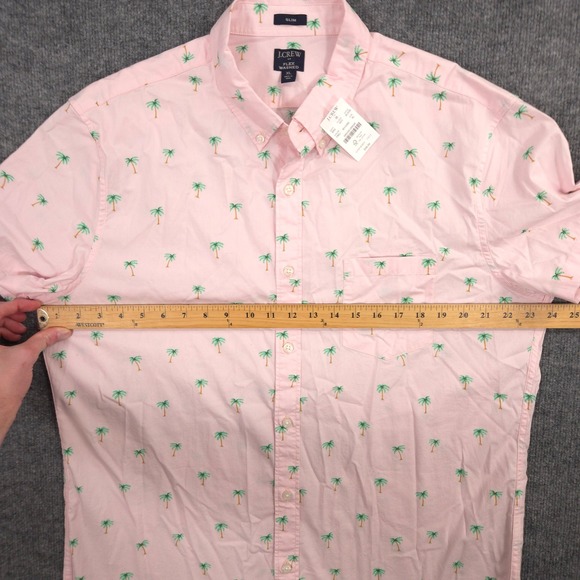 J Crew Shirt Mens XL Pink Palm Tree Print AOP Short Sleeve Slim Flex Washed NEW - Picture 4 of 7